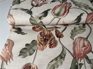 Deko / pudestof -  i hørlook med store tulipaner i blide toner